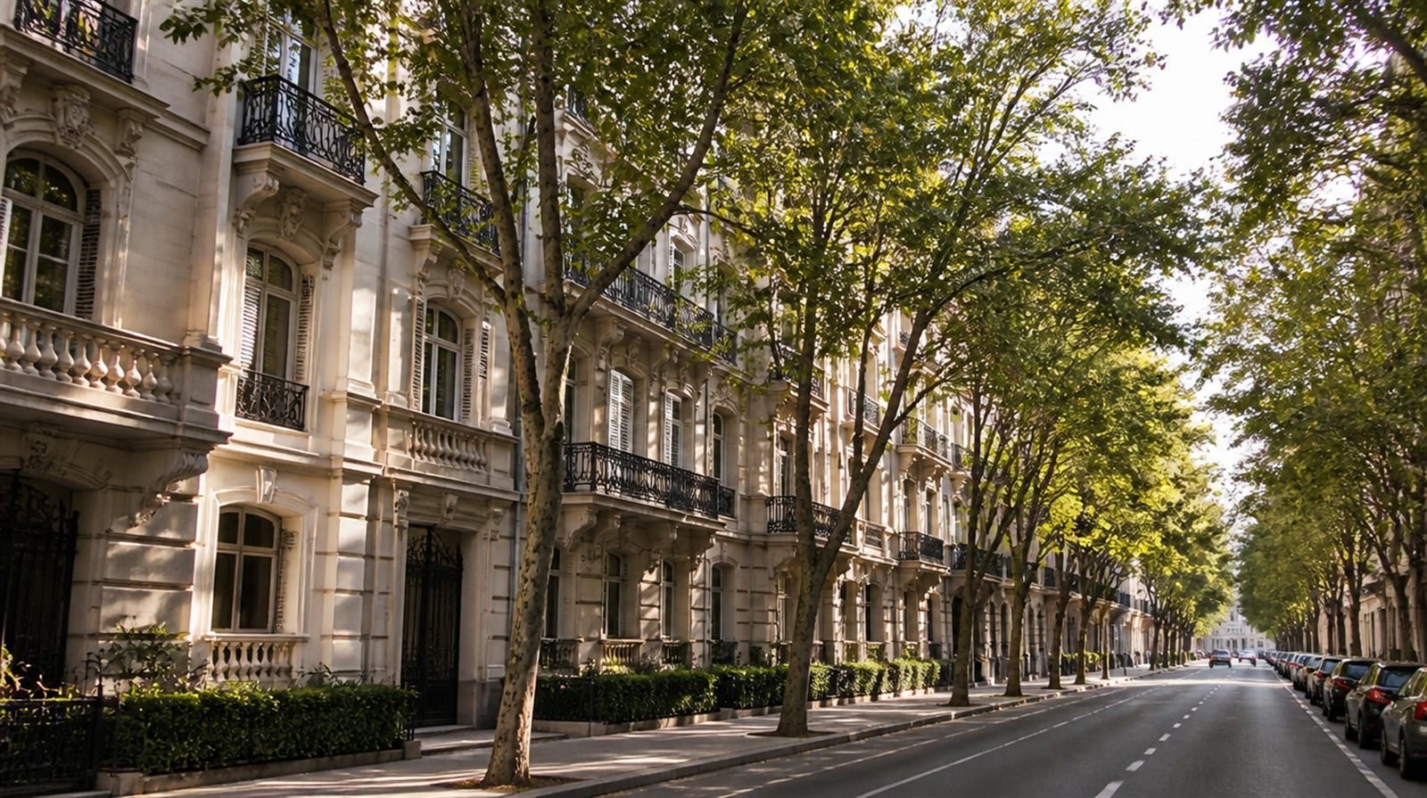 Calle Serrano en el Barrio de Salamanca, Madrid, con fachadas señoriales y arbolado